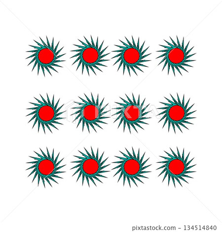 A grid of twelve teal starburst shapes with bold red centers creates a dynamic, modern graphic. Ideal for backgrounds, branding, and decorative accents in design projects and advertising A grid of twelve teal starburst shapes with bold red centers creates a dynamic, modern graphic. Ideal for backgrounds, branding, and decorative accents in design projects and advertising 134514840