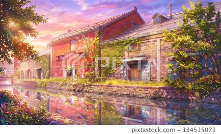 夕陽的餘暉倒映在運河上 134515071