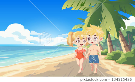 Cute cartoon couple walking hand in hand on a tropical beach. Happy young lovers enjoying summer vacation by the sea. Vector illustration of romantic holiday for banner background. 134515486