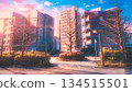 Illustration of an urban landscape with apartment buildings and a park 134515501