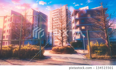 Illustration of an urban landscape with apartment buildings and a park Illustration of an urban landscape with apartment buildings and a park 134515501