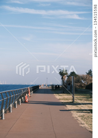 Wooden deck walkway along the coast and blue sky on a sunny day Wooden deck walkway along the coast and blue sky on a sunny day 134515598