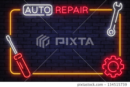 Bold neon vector frame with auto repair text, tools, and mechanical symbols. Perfect for workshop posters, vehicle diagnostics, and professional service visuals. 134515739