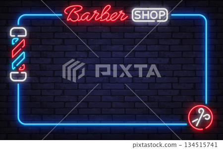 Stylish neon vector frame with barber shop sign, pole, and scissors icon. Perfect for grooming salons, classic barbershop branding, and urban ads. Stylish neon vector frame with barber shop sign, pole, and scissors icon. Perfect for grooming salons, classic barbershop branding, and urban ads. 134515741