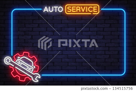Clean neon vector frame with auto service sign, gear, and wrench icon. Ideal for car maintenance ads, garage branding, and repair promotions. 134515756