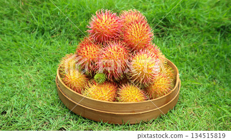 Pile of sweet rambutan in basket. Harvest Tropical Organic Garden  134515819