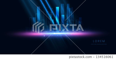 Futuristic glowing night cityscape on dark blue background with lighting effect and sparkle. 134516061