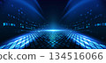 Cyberspace with blue ligthing effect and square pattern decor. Scence background digital data communication. 134516066