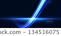 Light glowing curve on dark background. Futuristic speed movement, beams elegant, digital tech. 134516075