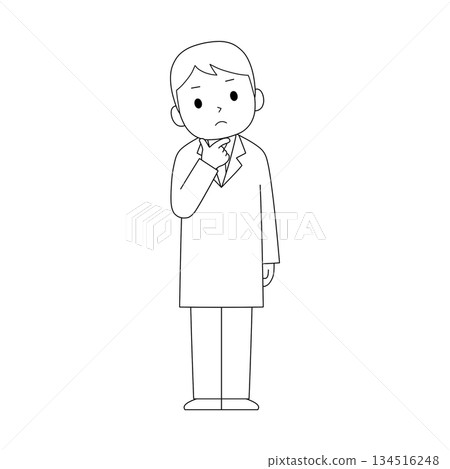 一幅黑白線條畫，畫中一個身穿白大褂的男人正用手指輕撫下巴，思考著什麼。 134516248