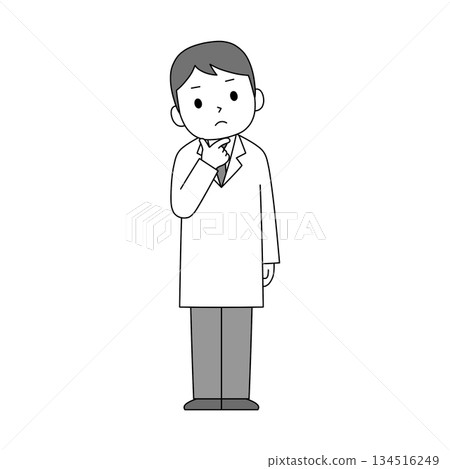 Monochrome illustration of a man in a white coat thinking with his finger on his chin 134516249