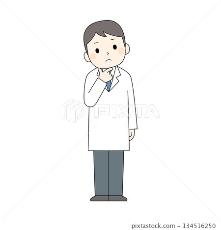 A color illustration of a man in a white coat thinking with his finger on his chin 134516250