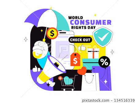World Consumer Rights Day Vector Illustration on March 15 Featuring Shopping Bags Symbolizing Respected And Protected Consumer Rights 134516339