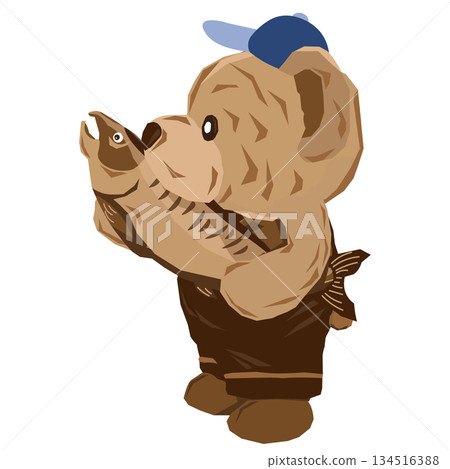 Illustration of a woodcarved bear looking to the side and holding a salmon 134516388