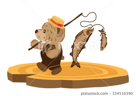 Illustration of a woodcarving-style bear standing on a sliced tree stump, returning from fishing for salmon Illustration of a woodcarving-style bear standing on a sliced tree stump, returning from fishing for salmon 134516390