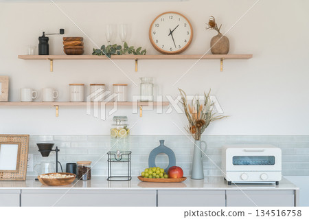 Stylish kitchen storage shelves, cupboards, kitchen cabinets 134516758