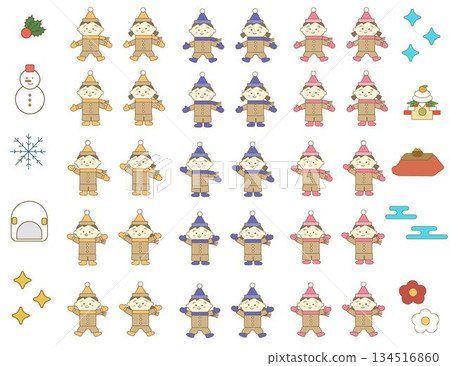 A set of cute winter icons and children in winter clothes 134516860
