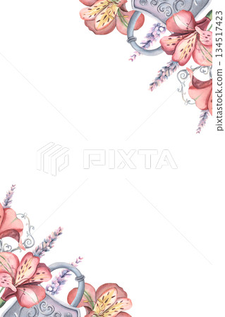 Vertical botany frame, alstroemeria flowers, lavender, metal lock, key. Hand-painted watercolor illustration isolated on white for invitations, branding, packaging, stationery, template for you design Vertical botany frame, alstroemeria flowers, lavender, metal lock, key. Hand-painted watercolor illustration isolated on white for invitations, branding, packaging, stationery, template for you design 134517423