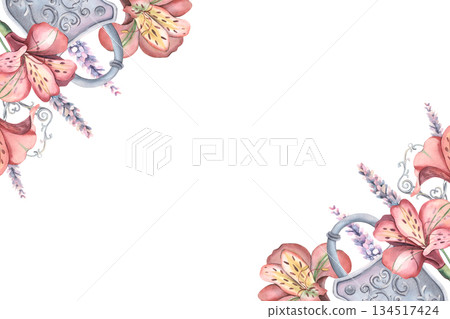 Horizontal frame, alstroemeria flowers, lavender, metal lock, key. Hand-painted watercolor illustration isolated on white for invitations, branding, packaging, stationery, template for you design Horizontal frame, alstroemeria flowers, lavender, metal lock, key. Hand-painted watercolor illustration isolated on white for invitations, branding, packaging, stationery, template for you design 134517424