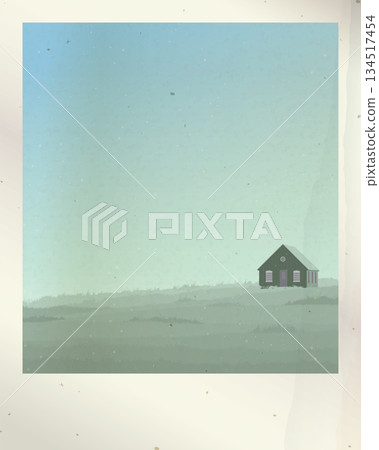 Old photograph paper of minimalist countryside landscape with log cabin in grass field graphic illustration have blank space. 134517454