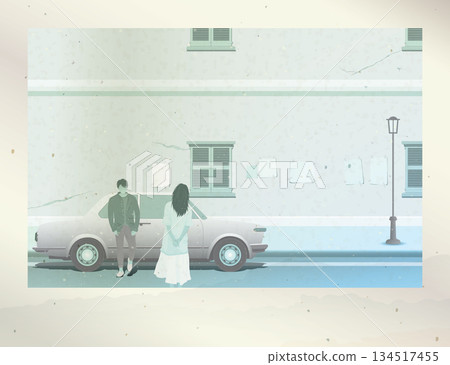 Old photograph film fade condition of couple of lover meeting at sidewalk in old town graphic illustration have blank space. 134517455