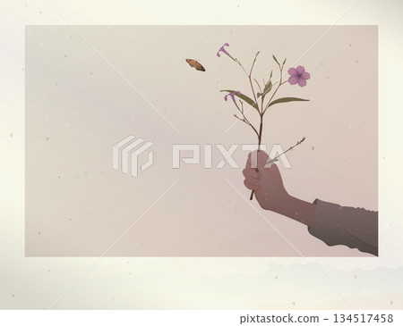 Old instant photograph film fade condition of silhouette hand holding minnieroot flower with stained effect graphic illustration have blank space. Old instant photograph film fade condition of silhouette hand holding minnieroot flower with stained effect graphic illustration have blank space. 134517458