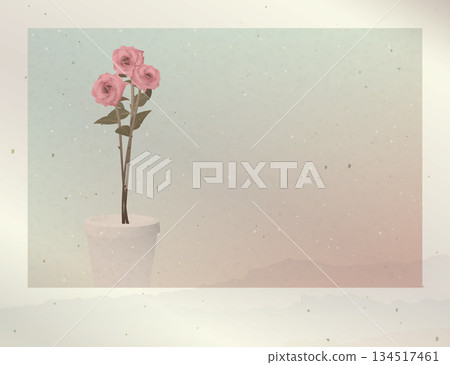 Old instant photograph film fade condition of pink rose flowers in ceramic vase graphic illustration have blank space. Valentine's day greeting card setro style template. Old instant photograph film fade condition of pink rose flowers in ceramic vase graphic illustration have blank space. Valentine's day greeting card setro style template. 134517461