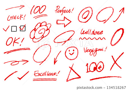 Illustrations of grading and document review. Vector icons of handwritten check marks, flower circles, arrows, and comments. Illustrations of grading and document review. Vector icons of handwritten check marks, flower circles, arrows, and comments. 134518267