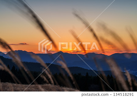 A beautiful sunset sky remains on the mountainside after sunset, and Japanese pampas grass sways in the breeze. Soni Plateau ① A beautiful sunset sky remains on the mountainside after sunset, and Japanese pampas grass sways in the breeze. Soni Plateau ① 134518291