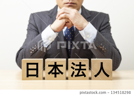 一塊寫著「日本公司」字樣的磚塊和一個商人 134518298