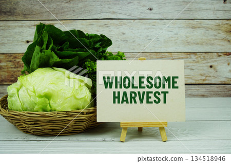 "Wholesome Harvest" message on a small easel next to a basket of fresh green leafy vegetables "Wholesome Harvest" message on a small easel next to a basket of fresh green leafy vegetables 134518946