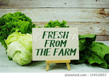 "Fresh From The Farm" message on a small easel next to a basket of fresh green leafy vegetables "Fresh From The Farm" message on a small easel next to a basket of fresh green leafy vegetables 134518957