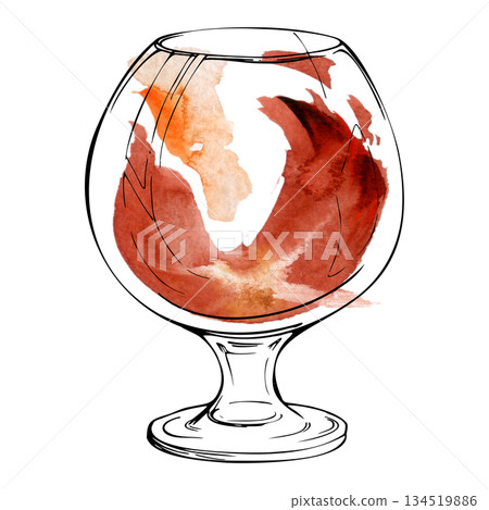 Sparkling Aperol Spritz in balloon wine glass, red liquid cocktail or lemonade with watercolor tones and crisp ink detail. Hand drawn design for patio bar visuals, drink prints, and wrapping paper. 134519886