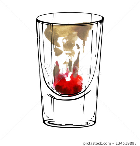 Brain Hemorrhage cream and red grenadine syrup shot with surreal swirling cherry accent. Isolated watercolor and ink illustration. Halloween bar art, edgy cocktail collections, surreal drink series. Brain Hemorrhage cream and red grenadine syrup shot with surreal swirling cherry accent. Isolated watercolor and ink illustration. Halloween bar art, edgy cocktail collections, surreal drink series. 134519895
