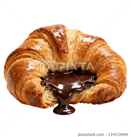 Delicious chocolate croissant pastry with warm filling. tempting sweet food Delicious chocolate croissant pastry with warm filling. tempting sweet food 134519999