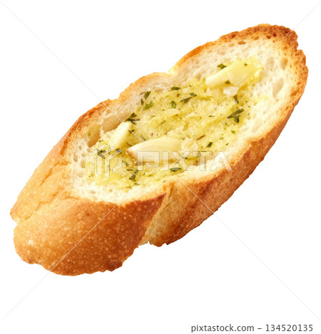 Delicious appetizer of toasted garlic bread with butter and savory herb 134520135