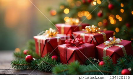 Joyful Christmas present and gift box in red and gold under festive tree. Holiday celebration with beautiful decoration Joyful Christmas present and gift box in red and gold under festive tree. Holiday celebration with beautiful decoration 134520136