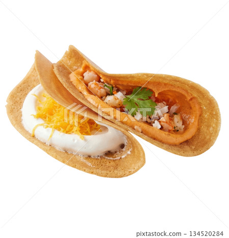 Thai Khanom Buang Crepe with Shrimp and Coconut Cream on Isolated Background 134520284