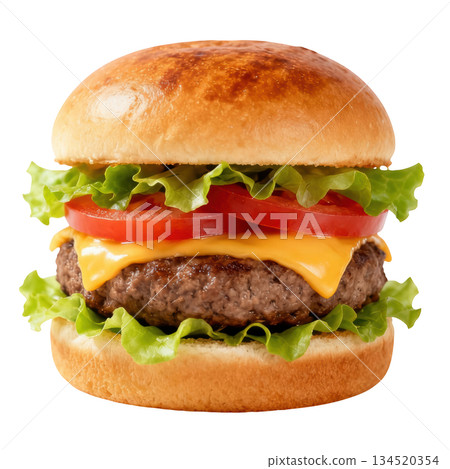 Appetizing grilled beef cheeseburger with fresh tomato and lettuce 134520354