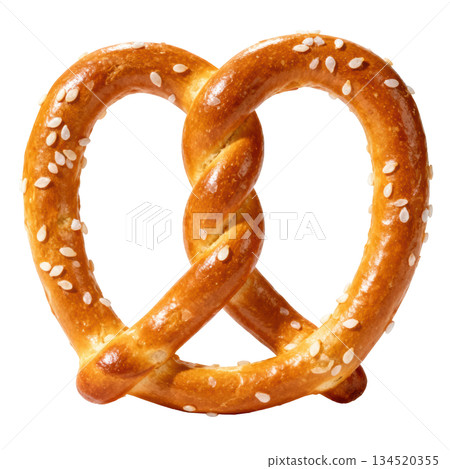 Delicious golden baked pretzel snack with sesame seeds, classic savory treat 134520355