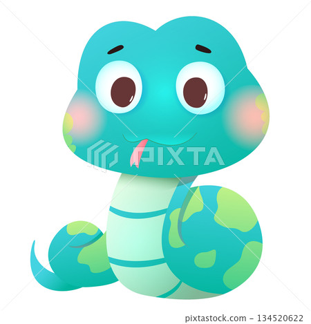 Cute cartoon illustration of a friendly snake character with a smiling face. 134520622