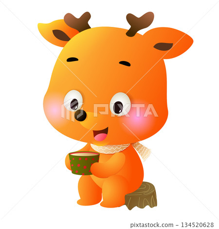 Cute Cartoon Deer Character Holding Cup 134520628