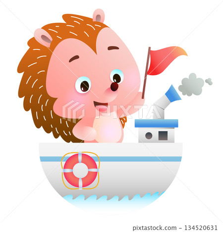 Cute Cartoon Hedgehog Sailing a Boat Cute Cartoon Hedgehog Sailing a Boat 134520631