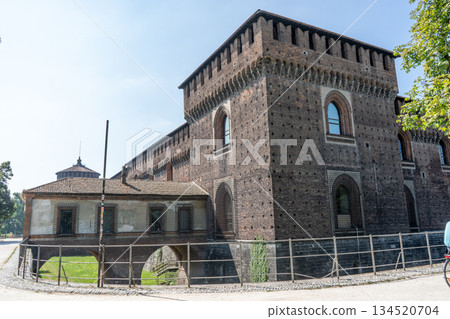 Sforza Castle tower in Milan. Ancient Italian architecture. 134520704
