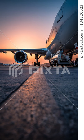 GroundLevel View of Airplane and Fuel Truck at Airport Terminal During Sunset 134520923