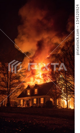 House Engulfed in Intense Flames at Night with Trees Nearby 134520924