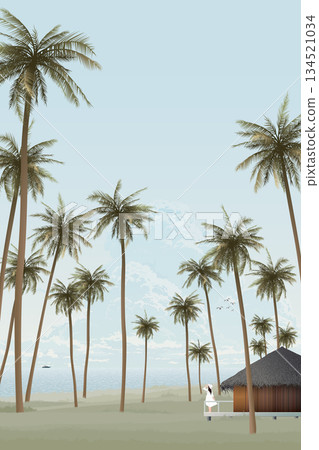 Coconut palm trees and bungalow at seaside with blue sky vertical background graphic illustration have blank space. 134521034