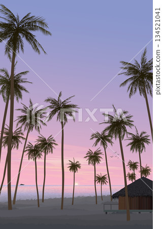 Silhouette coconut palm trees and bungalow at seaside with dramatic sky vertical background graphic illustration have blank space. 134521041