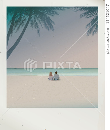 Old polaroid photograph of tropical climate have couple of lover sitting on the beach fade condition with stained effect graphic illustration have blank space. Old polaroid photograph of tropical climate have couple of lover sitting on the beach fade condition with stained effect graphic illustration have blank space. 134521047