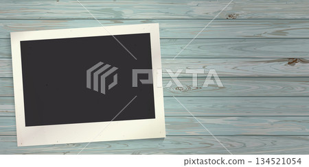 Blank old instant photograph frame on cut timber panels turquoise blue colores distressed weathered graphic illustration. Blank old instant photograph frame on cut timber panels turquoise blue colores distressed weathered graphic illustration. 134521054